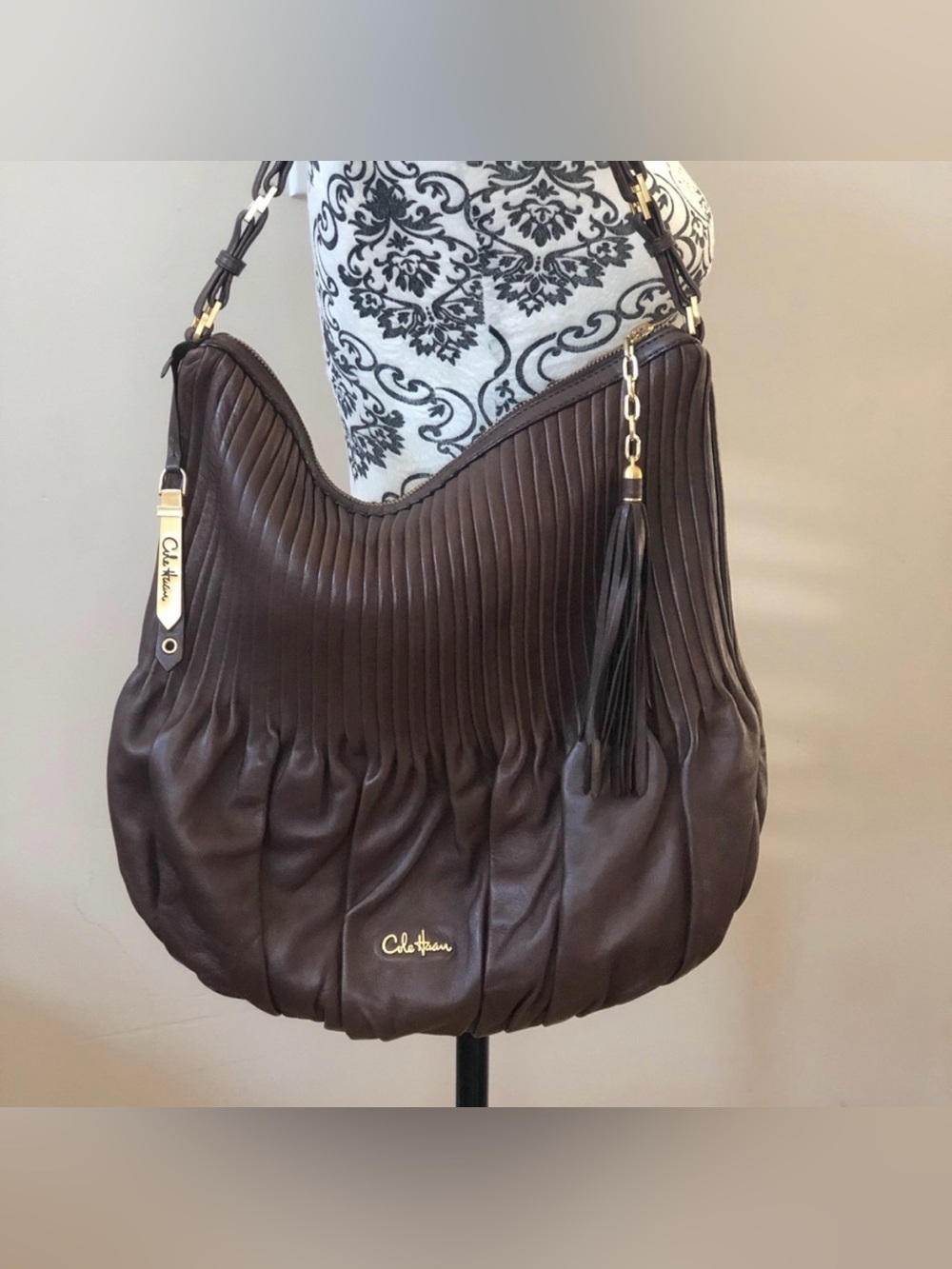 Cole Haan Dark Brown Pleated Leather Hobo with Tassel